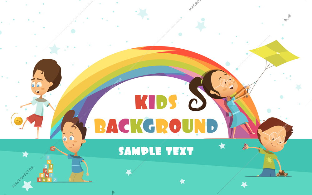 Playing kids cartoon background with rainbow and activities symbols vector illustration