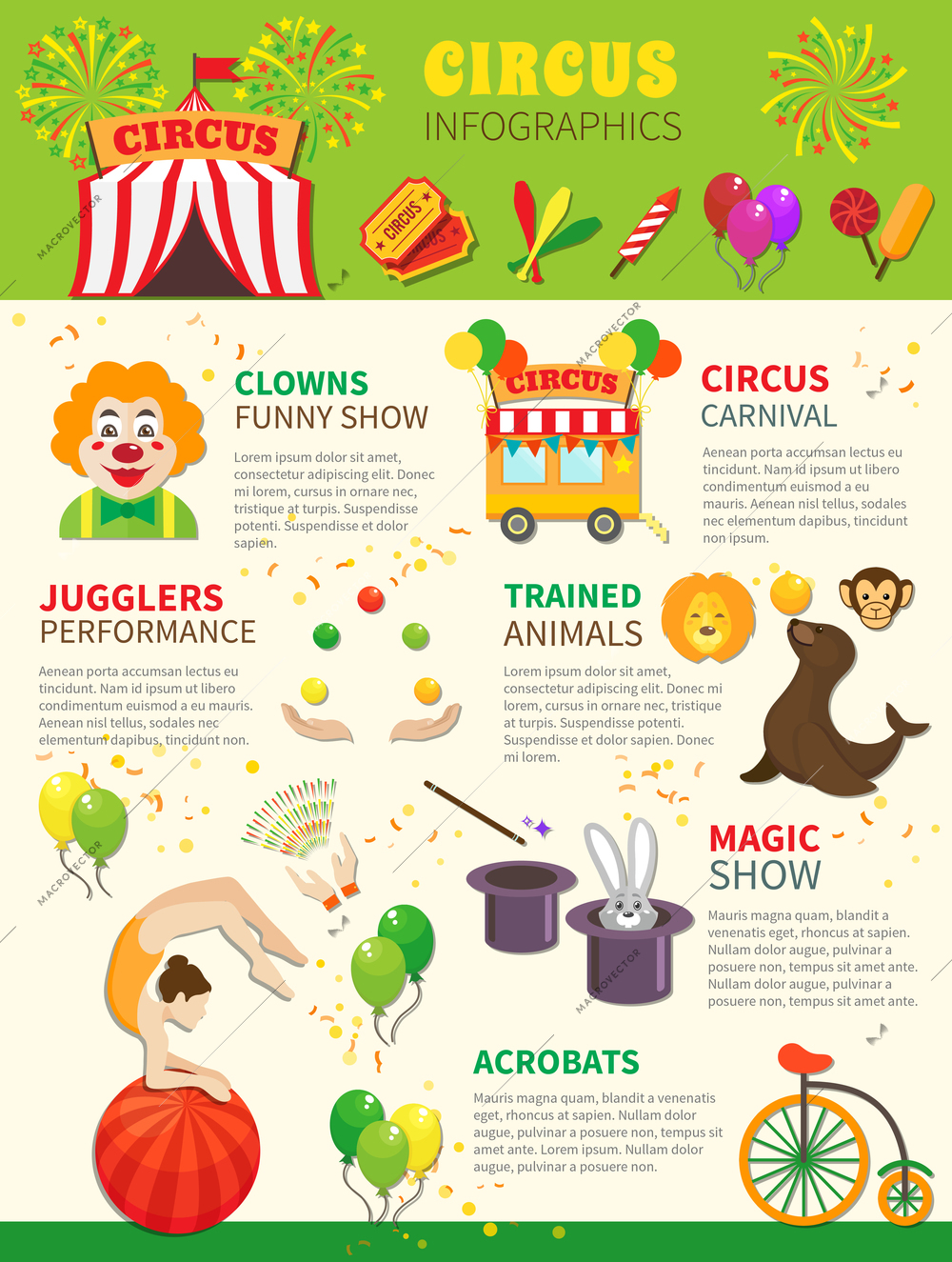 Circus infographics set with flat entertainment symbols vector illustration