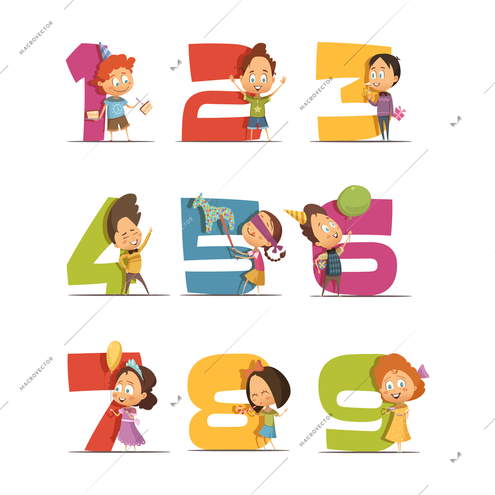 Kids party retro icons set with digits from one to nine and cartoon children figurines with balls and gifts isolated vector illustration