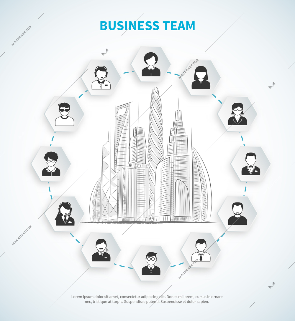 Business team concept with employees avatars around hand drawn skyscrappers vector illustration