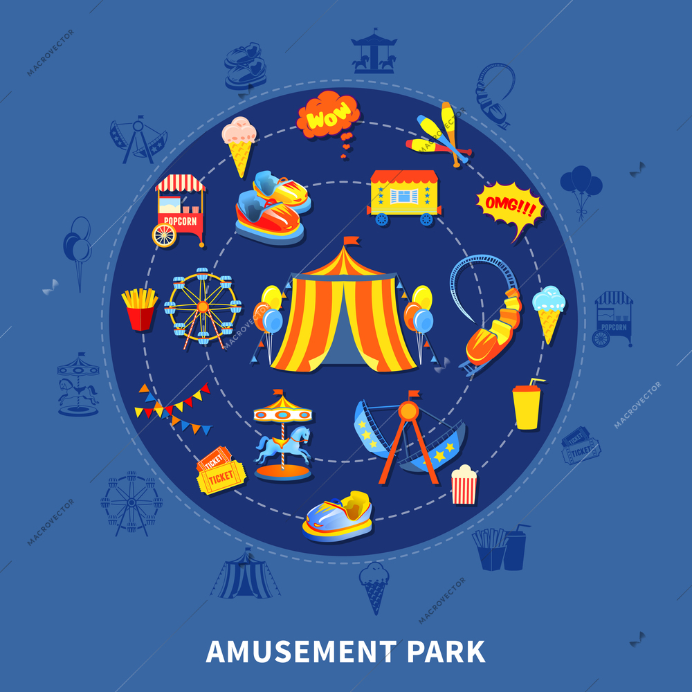 Amusement park presentation layout with big top attractions and food abstract isolated vector illustration