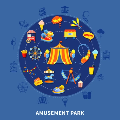 Amusement park presentation layout with big top attractions and food abstract isolated vector illustration