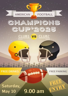 American football sport poster with advertisement of match between sporting clubs and event date  flat vector illustration