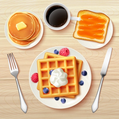 Sweet classic breakfast with waffles berries jam toast pancakes and black coffee top view realistic vector illustration