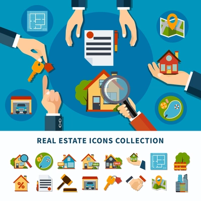Real estate and property search flat icons collection isolated on white and blue backgrounds vector illustration