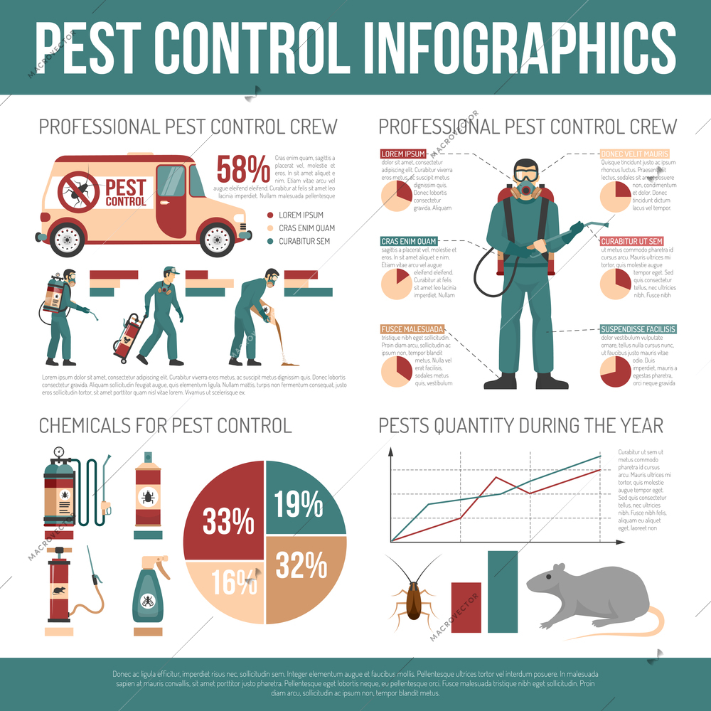 Pest control infographics layout with pests quantity graphs chemicals statistic and information about  professional crews flat vector illustration