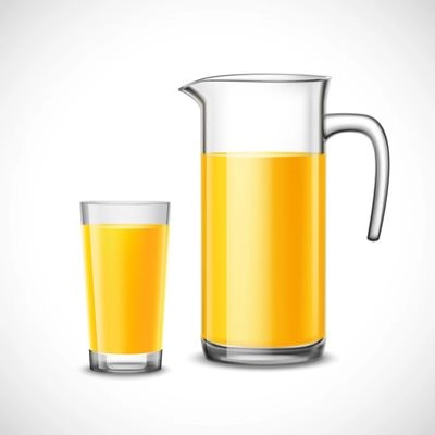 Orange juice in glass and jug design composition in realistic style on white background vector illustration