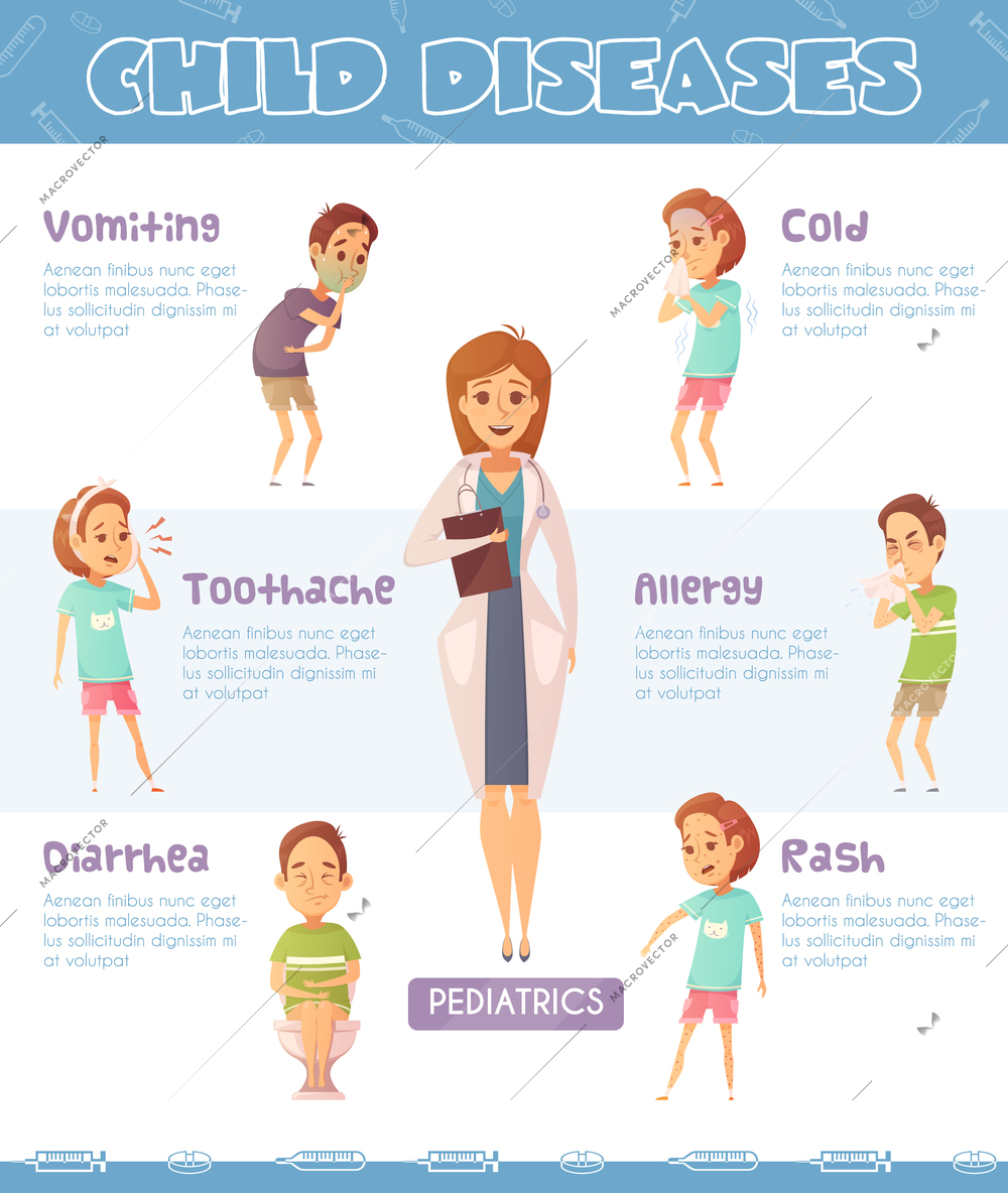 Child diseases cartoon infographics with funny children and female pediatrician characters describing different sickness symptoms medication vector illustration