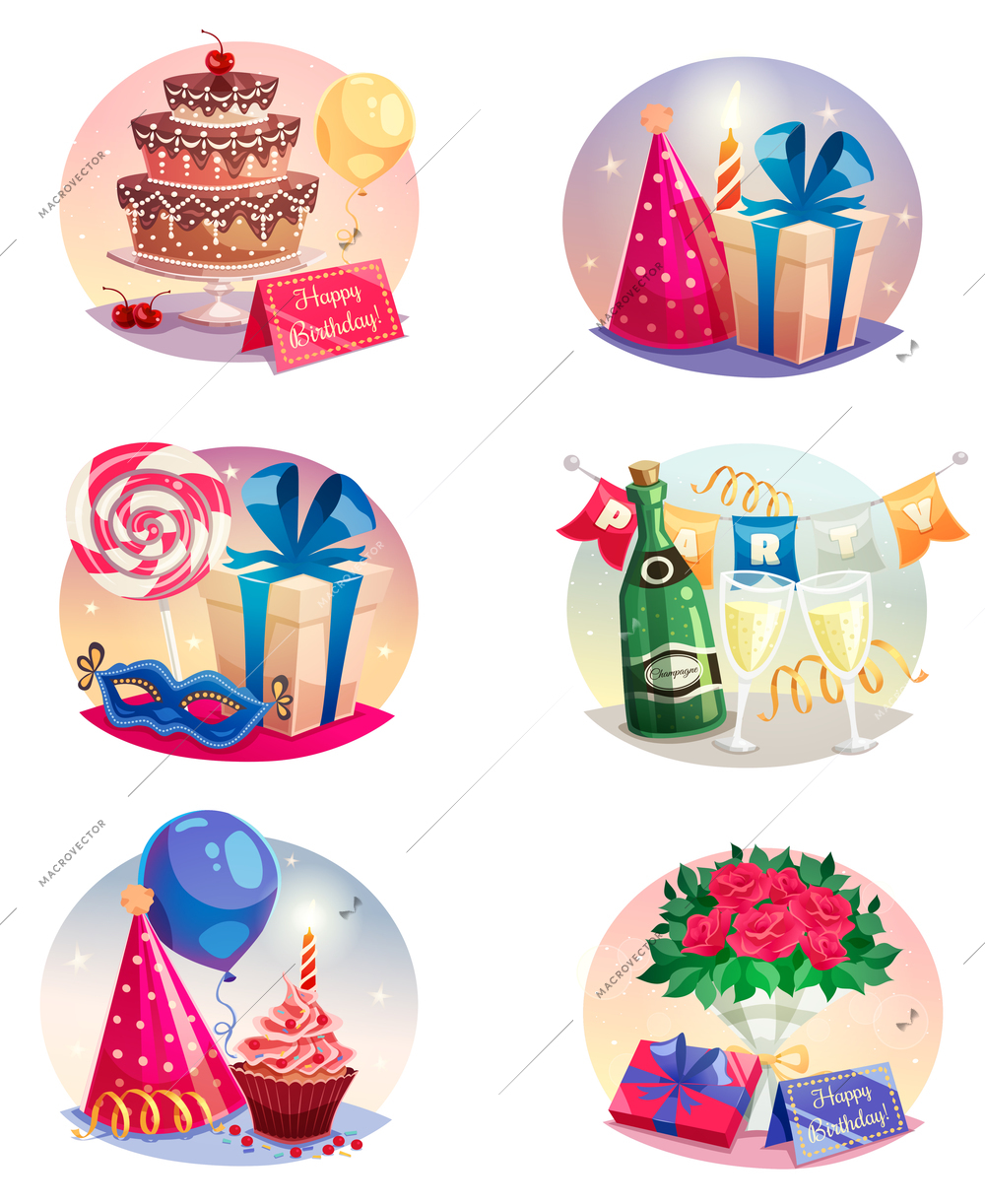 Celebration set of isolated bubble compositions with elements of party or carnival attributes and birthday gifts flat vector illustration