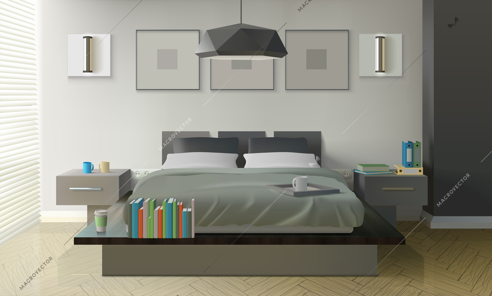 Modern bedroom interior design with bed books and cups realistic vector illustration