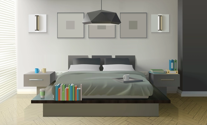 Modern bedroom interior design with bed books and cups realistic vector illustration