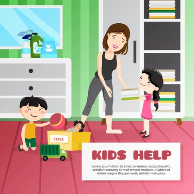 Smiling kids helping their mother cleaning room cartoon vector illustration