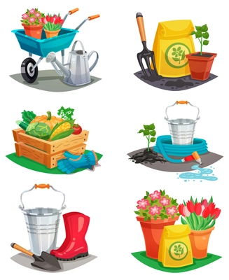 Set of isolated garden design compositions of colored decorative icons with handcart watering can rubber boots inventory for agriculture work flat vector illustration