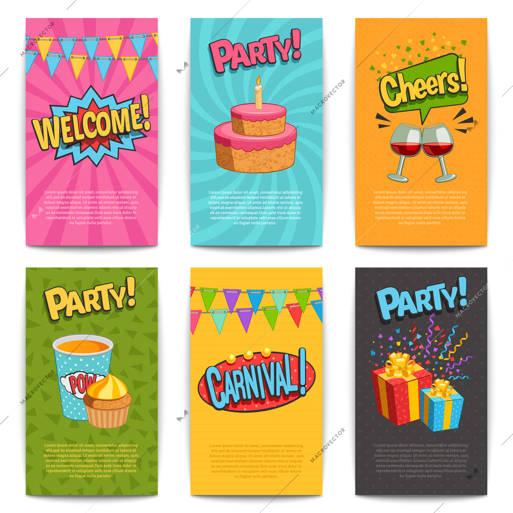 Party comic posters set with fun symbols flat isolated vector illustartion