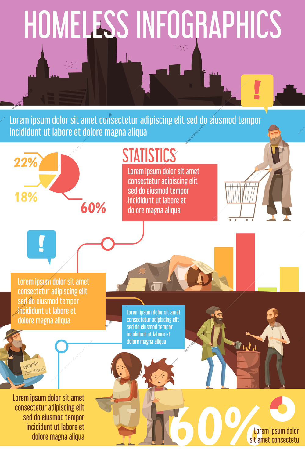 Infographics with silhouette of city homeless people including begging kids charts and statistics cartoon style vector illustration