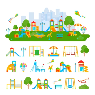 Composition of flat playground scenery and isolated elements plants ladders slippery dips seesaws on blank background vector illustration