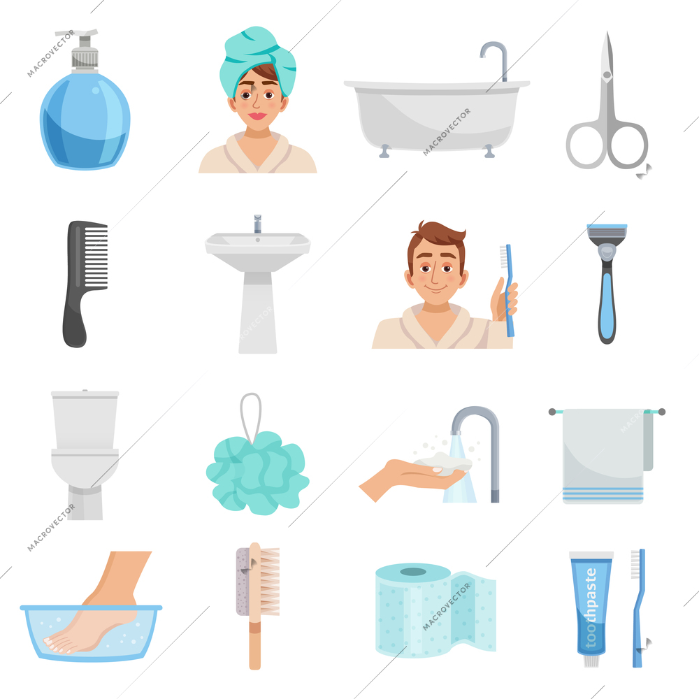 Hygiene isolated elements set with sixteen icons of towels bast wisp combs scissors and various toiletry vector illustration