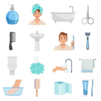 Hygiene isolated elements set with sixteen icons of towels bast wisp combs scissors and various toiletry vector illustration