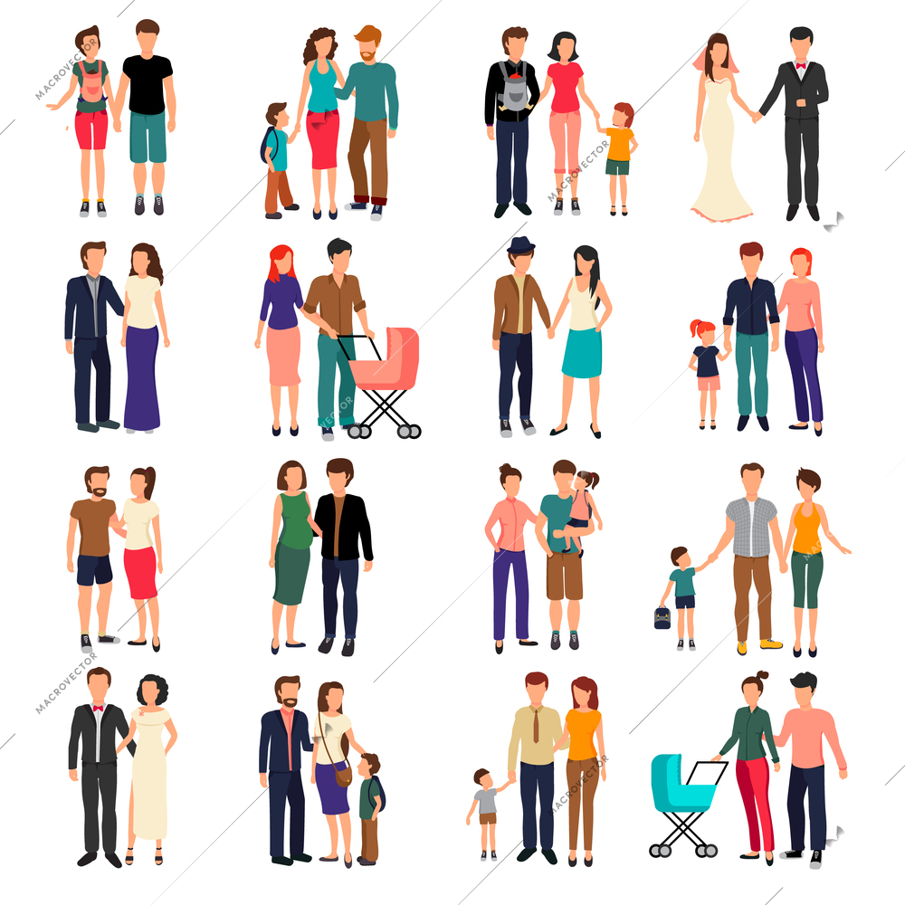 Heterosexual couples and families with children flat set isolated on white background vector illustration