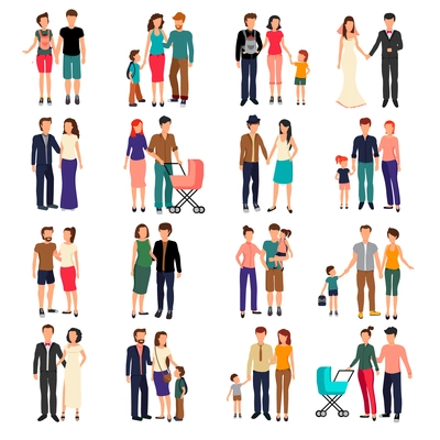 Heterosexual couples and families with children flat set isolated on white background vector illustration