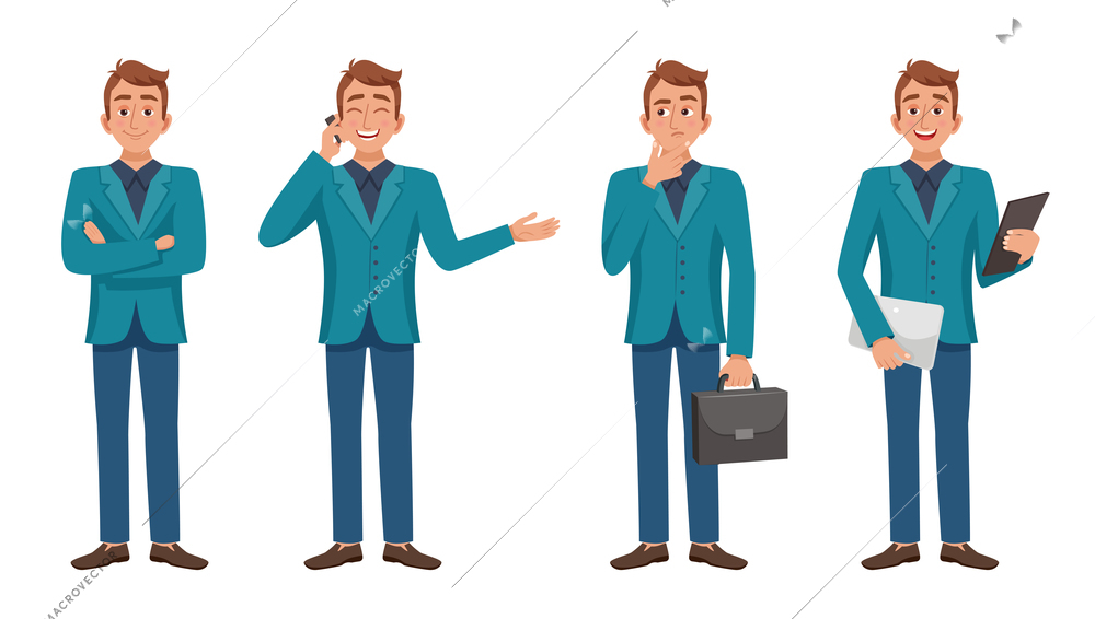 Set of isolated images of cartoon style man character full length in various poses fashionably dressed vector illustration