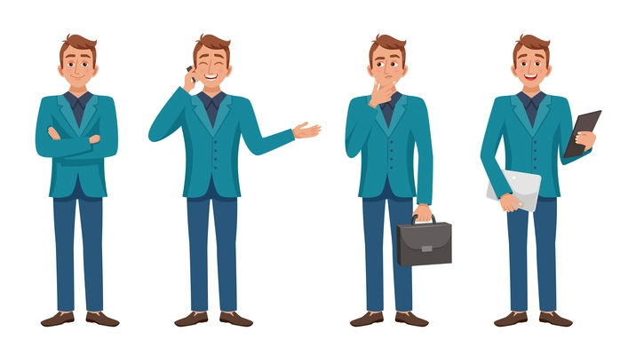 Set of isolated images of cartoon style man character full length in various poses fashionably dressed vector illustration