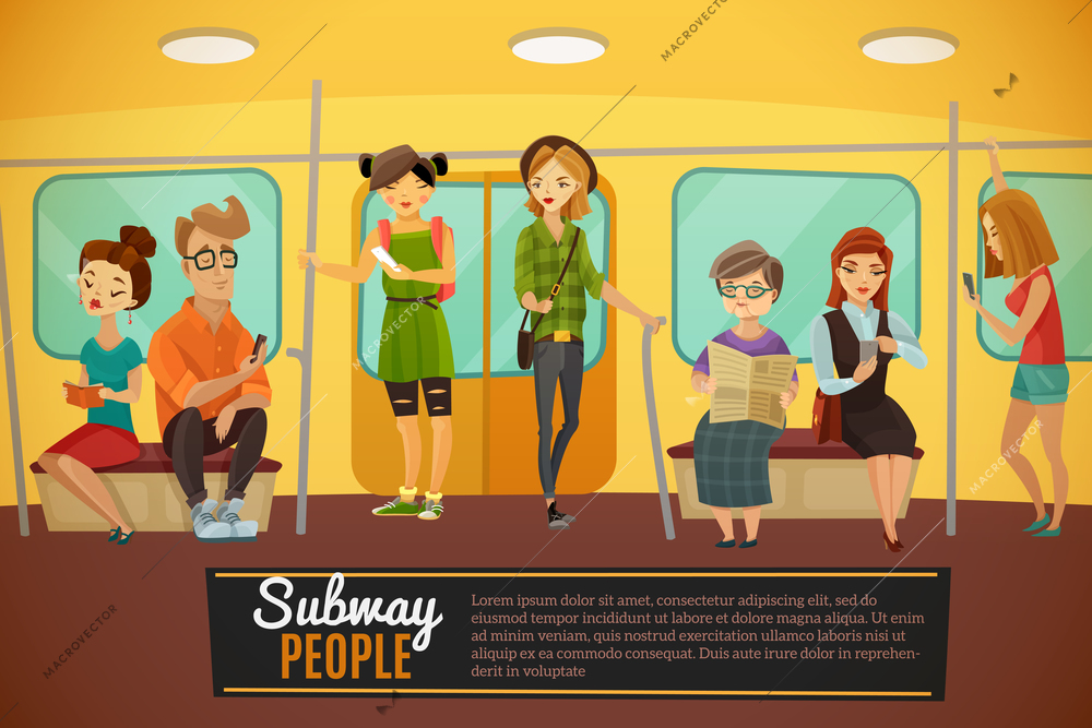Subway background with underground train people and activity symbols flat vector illustration