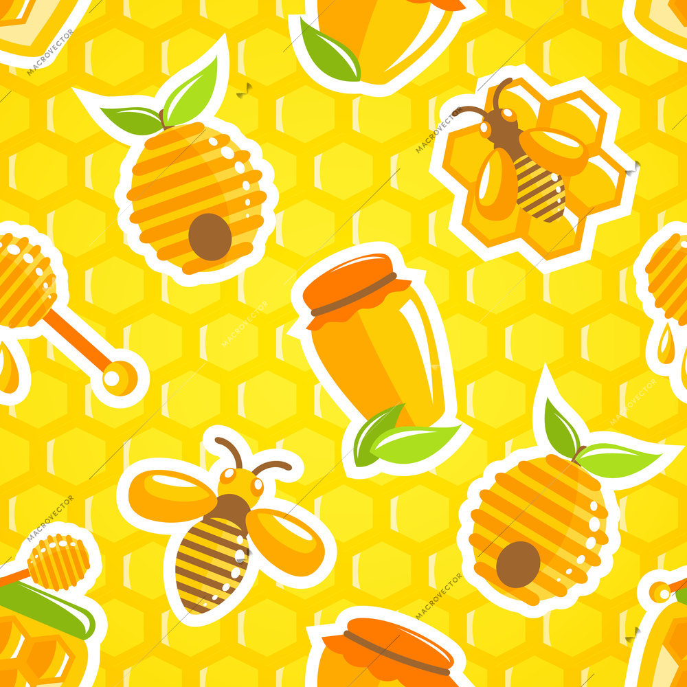 Decorative honey food jar hive bumble bee and dipper with honeycomb background seamless pattern vector illustration