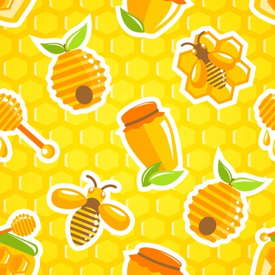 Decorative honey food jar hive bumble bee and dipper with honeycomb background seamless pattern vector illustration
