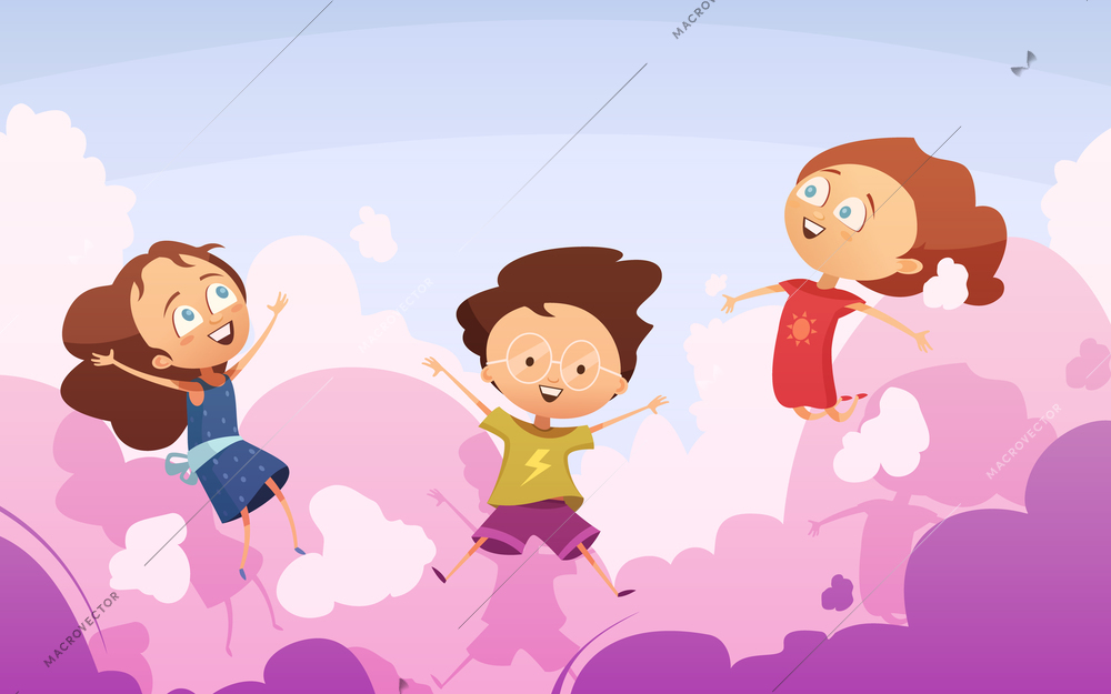 Active company of playful preschool kids jumping against sky in rose clouds flat vector illustration in cartoon style