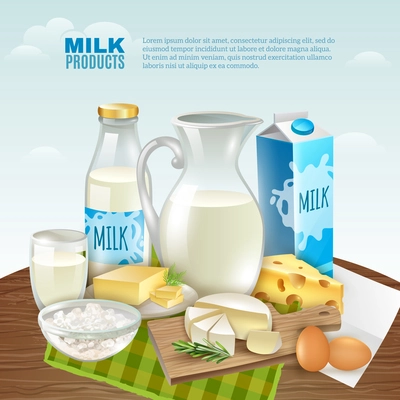 Milk products cartoon background with healthy breakfast symbols vector illustration