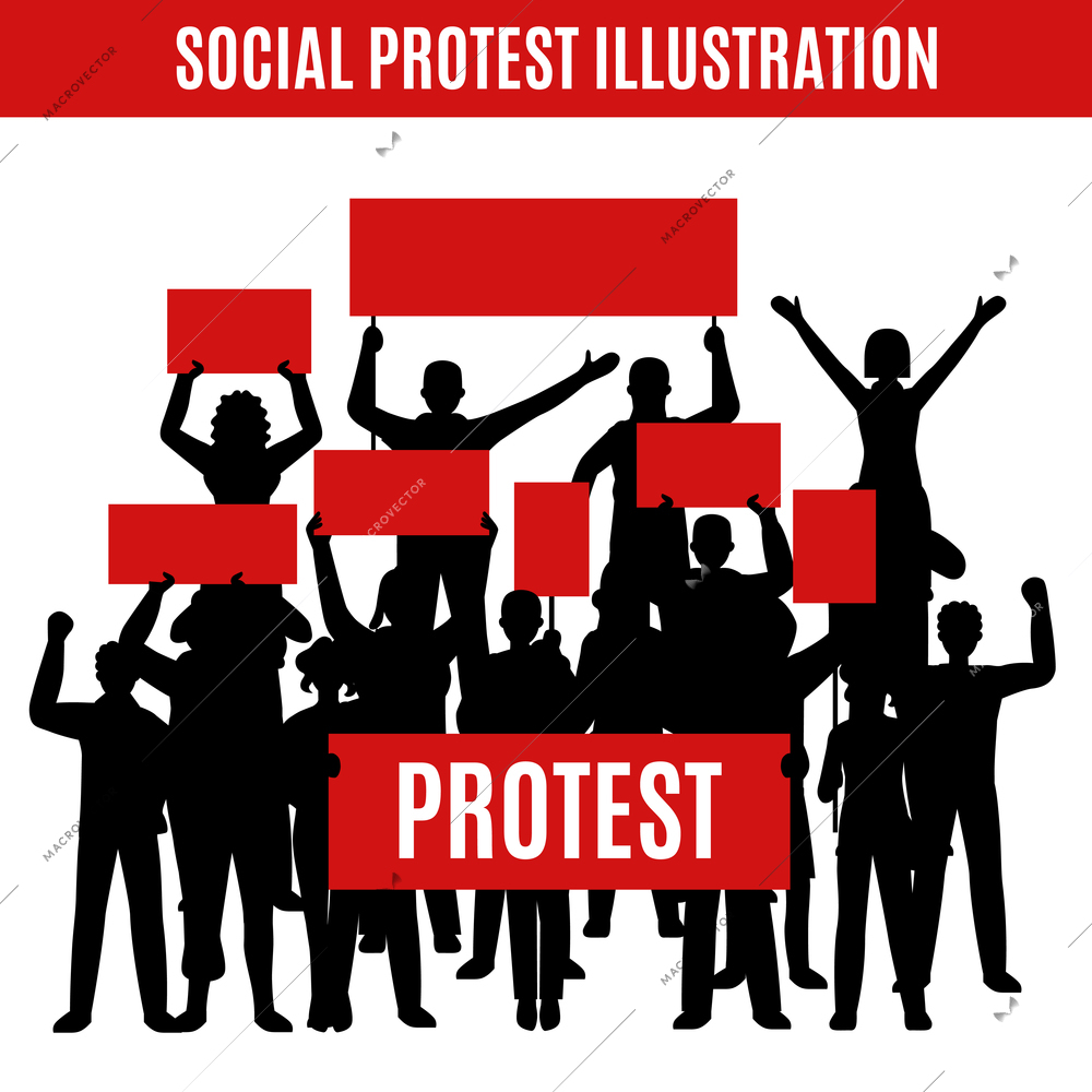 Composition with black silhouettes of protesting crowd rioters holding red rectangular placards with place for text vector illustration