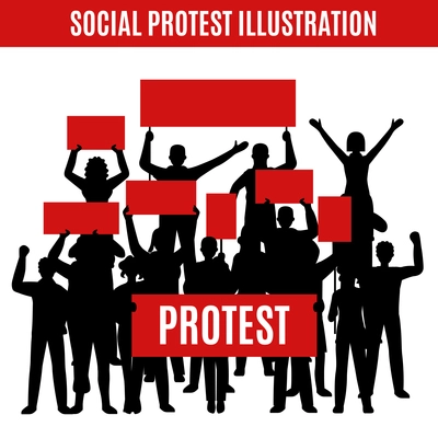 Composition with black silhouettes of protesting crowd rioters holding red rectangular placards with place for text vector illustration