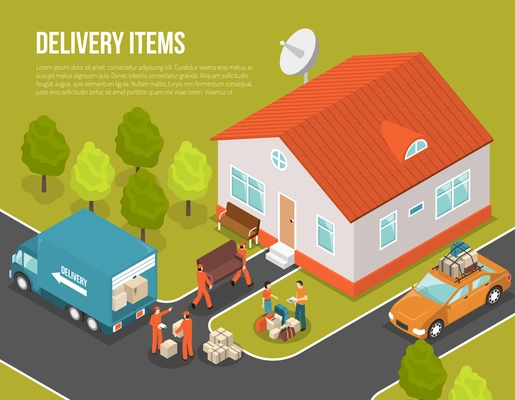 Colored isometric delivery moving new settler illustration with truck near house and loaders hired to move vector illustration