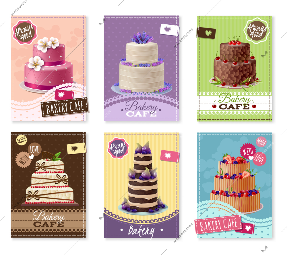 Bakery banners set with fruit and chocolate cakes cartoon isolated vector illustration