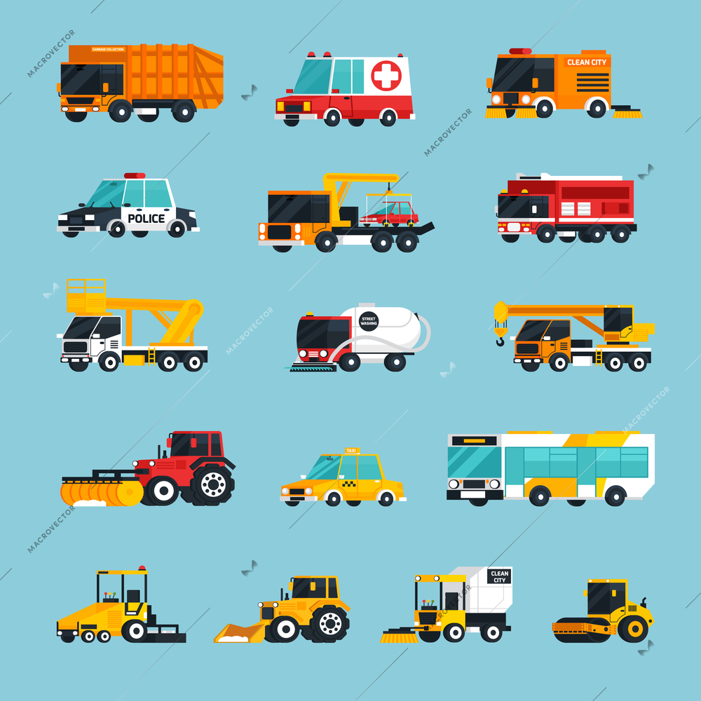 Special and emergency transport flat colored icons set with vehicles used  for professional service on city streets vector illustration