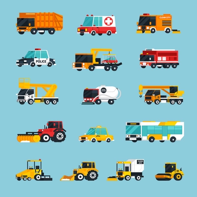 Special and emergency transport flat colored icons set with vehicles used  for professional service on city streets vector illustration