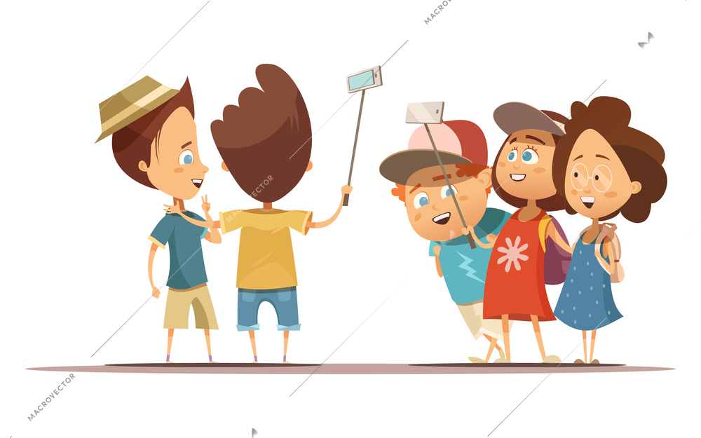 Happy children in summer clothing doing self portrait with help monopod cartoon style vector illustration
