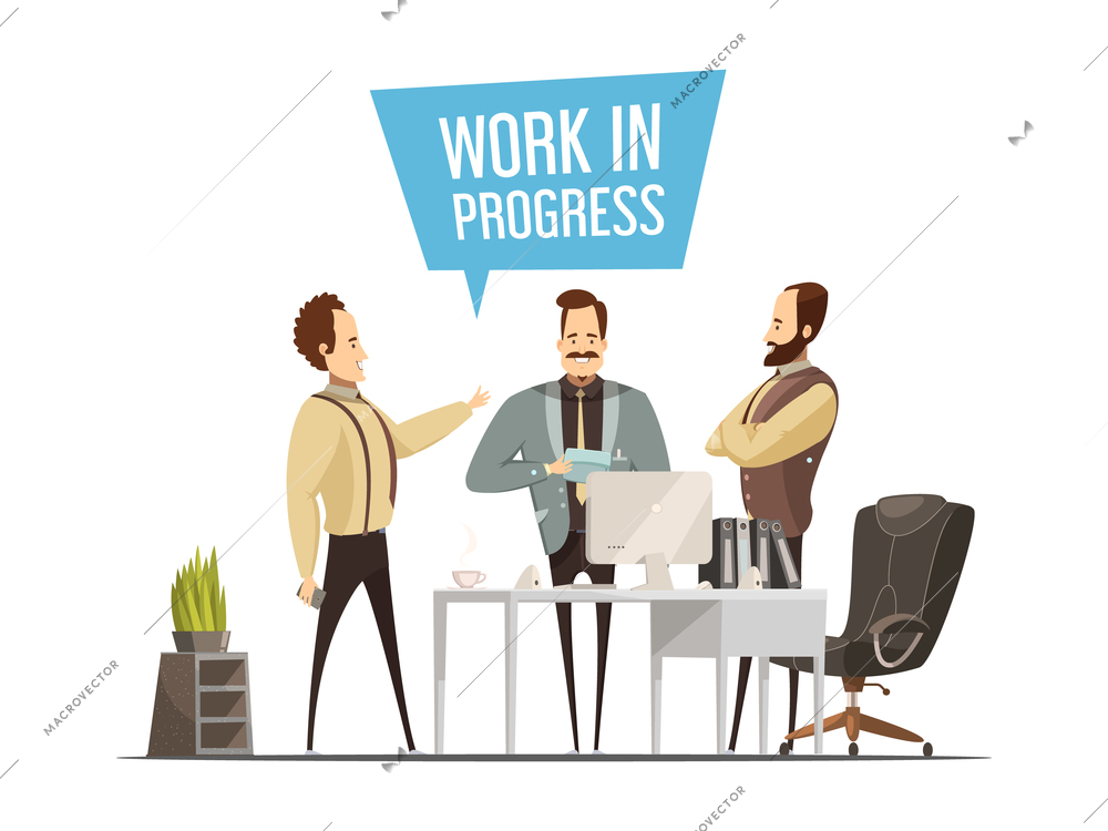 Work meeting design in cartoon style with standing men around office table during communication vector illustration