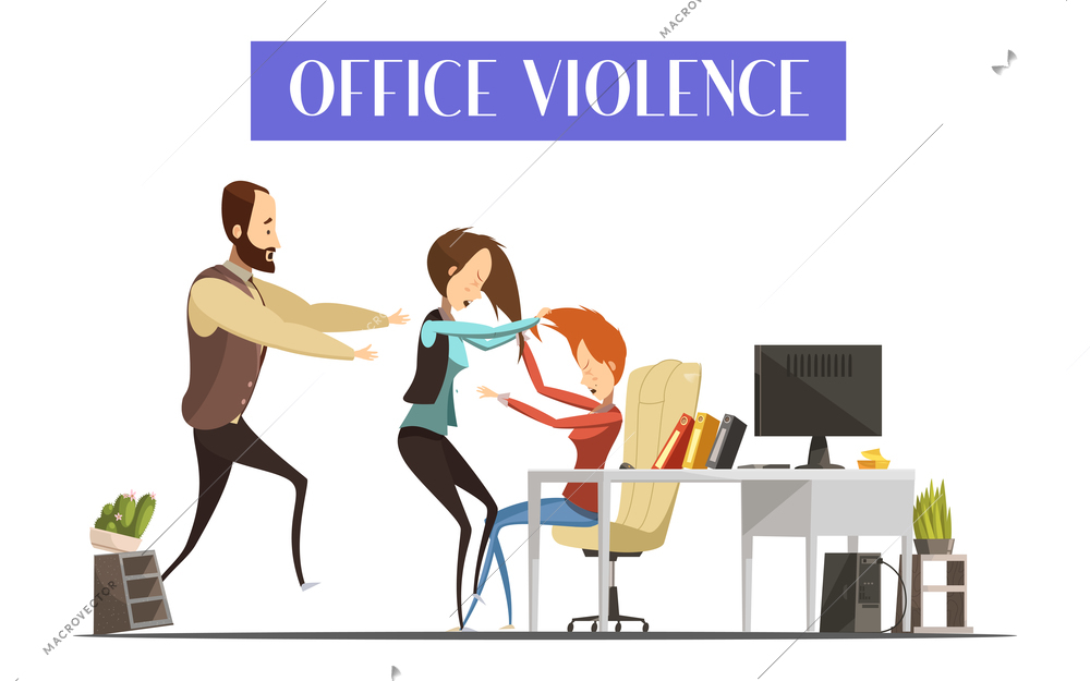 Office violence with fight of women in workplace man running toward them and interior elements vector illustration