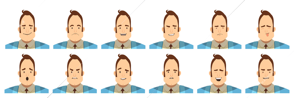 Set of avatars with male emotions including joy doubt and anger cartoon style isolated vector illustration