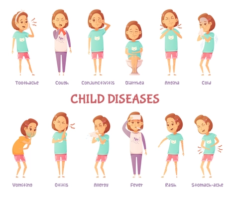 Isolated characters set with cartoon girl anxious for different child disease symptoms with appropriate text captions vector illustration