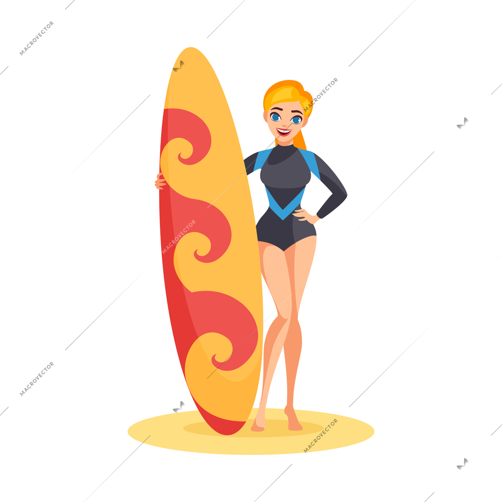 Sunny athletic girl holding colorful surfboard standing on sand in flat style isolated vector illustration