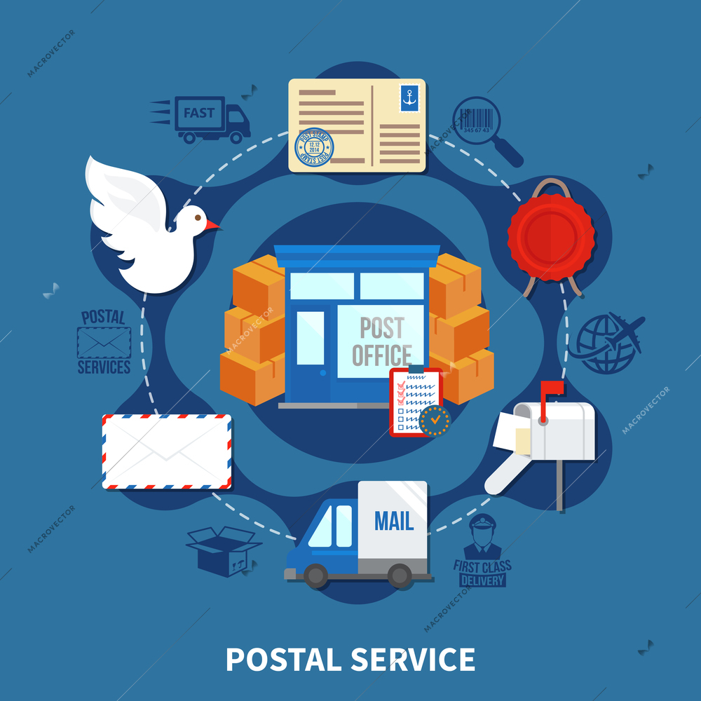 Post service round design with boxes and letters transportation and delivery on blue background vector illustration