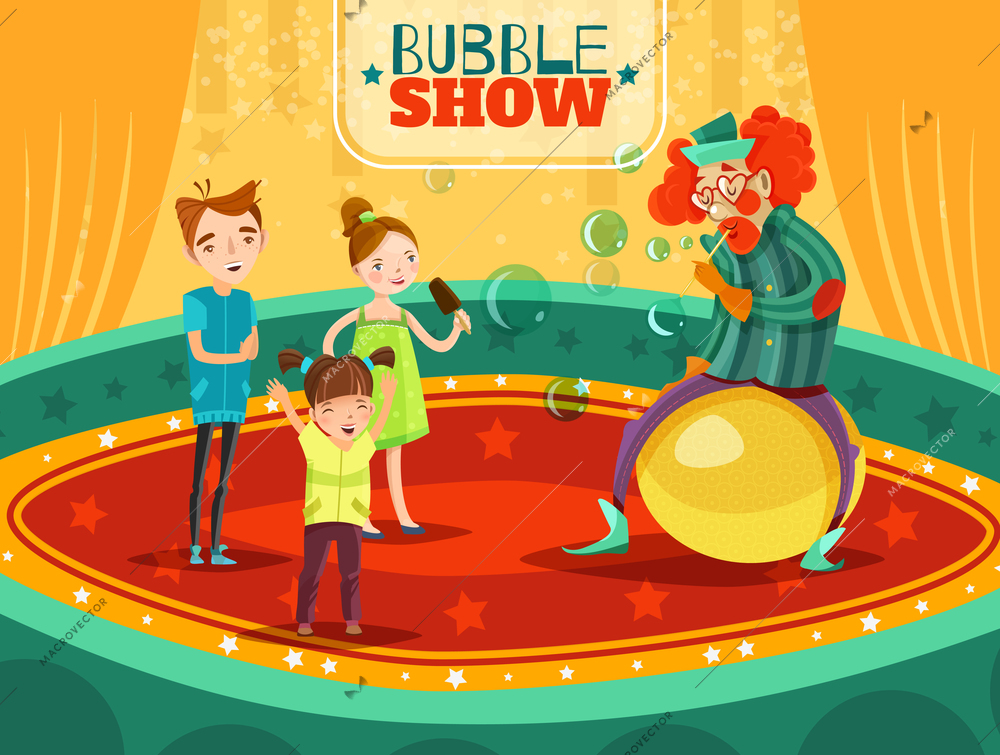 Travel circus clown bubble show performance with kids on  arena retro cartoon style poster vector illustration