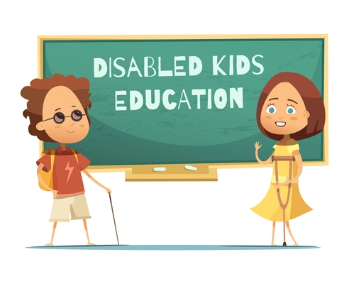 Education of disabled kids design with blind boy and girl with crutch near green chalkboard vector illustration