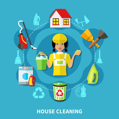 Doodle style background with round composition of charwoman character and flat icons of house cleaning facilities vector illustration