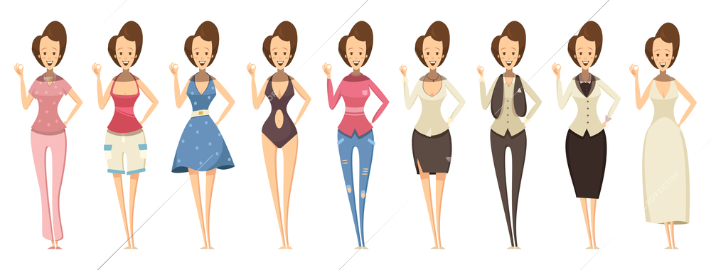 Smiling woman in confident pose and in various outfits set in cartoon style isolated vector illustration