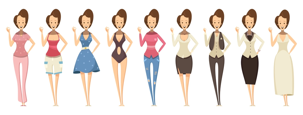 Smiling woman in confident pose and in various outfits set in cartoon style isolated vector illustration