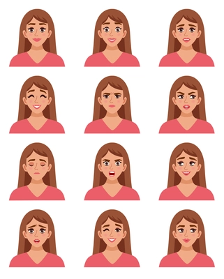 Female avatar expressions set with isolated woman images of sorrow anger happiness satisfaction surprise joy amazement vector illustration